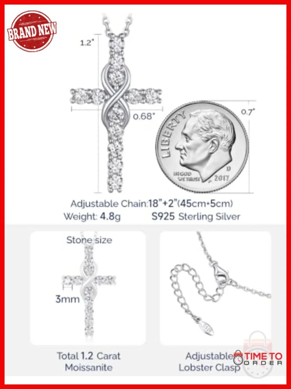 Moissanite Cross Necklace Sterling Silver Lab Created Diamond Pendant Necklace